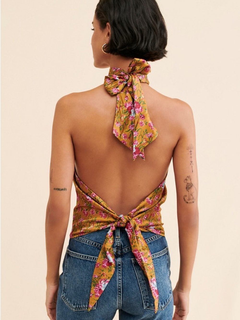 LoveShackFancy Mustard Floral Halter Crop Top - Picture 2 of 3